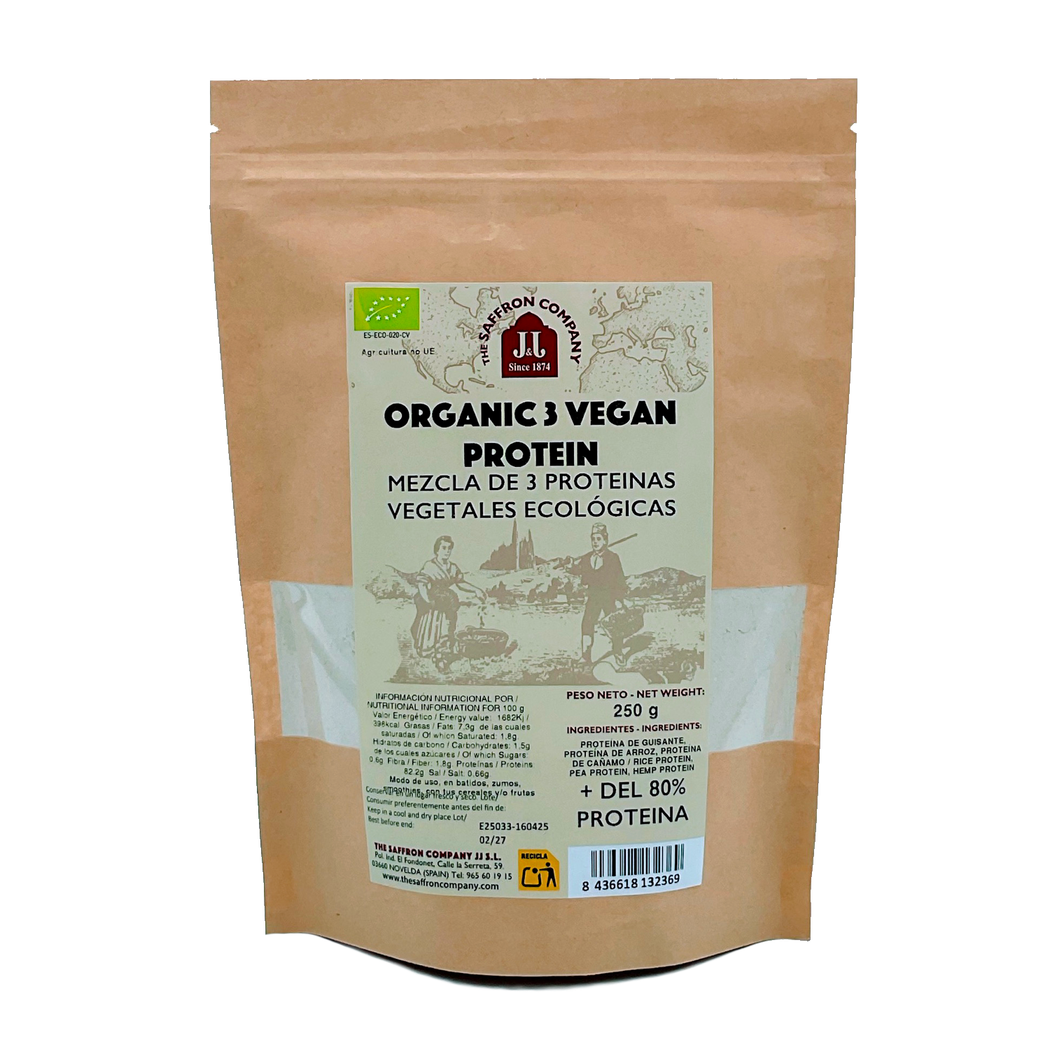 3 Vegan Protein Bio – Mezcla vegetal ecológica con arroz, guisante y cáñamo para batidos proteicos diarios